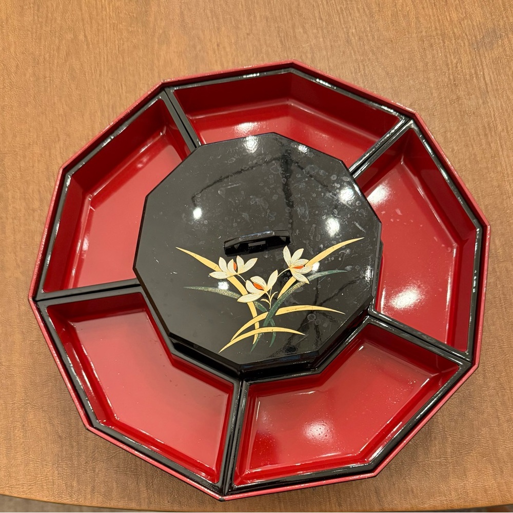Mid Century Modern Vintage Asian Lacquer Lazy Susan with Removable Trays